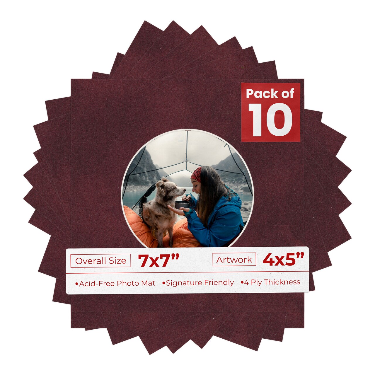 Dark Red Suede Mat Board for 7x7 Frames - Circle Opening for 4x5 Photos